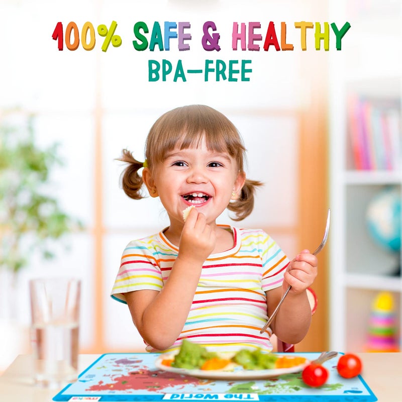Merka Kids Educational Placemat Set 4-Pack - 17 x 11 in Multicolor Silicone - Washable & Reusable with Secure Grip Backing - Map Placemats for Kids, Solar System, Human Body, World & US Map - Image 5